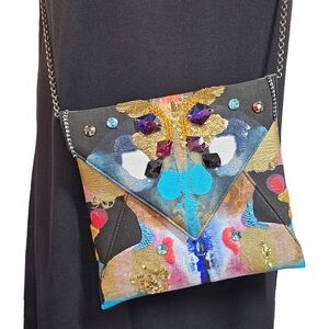 Bea Valdes Denim Hand-Painted Crystal &  Sequined Leather Lined Chain Strap Bag